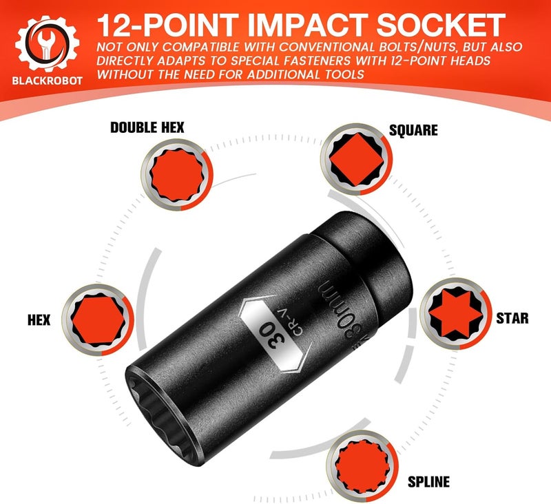 BLACKROBOT 30 mm 12-Point Deep Impact Socket, 1/2 Inch Drive, Metric, Cr-V Steel With Black Manganese Phosphate Coating - Image 3